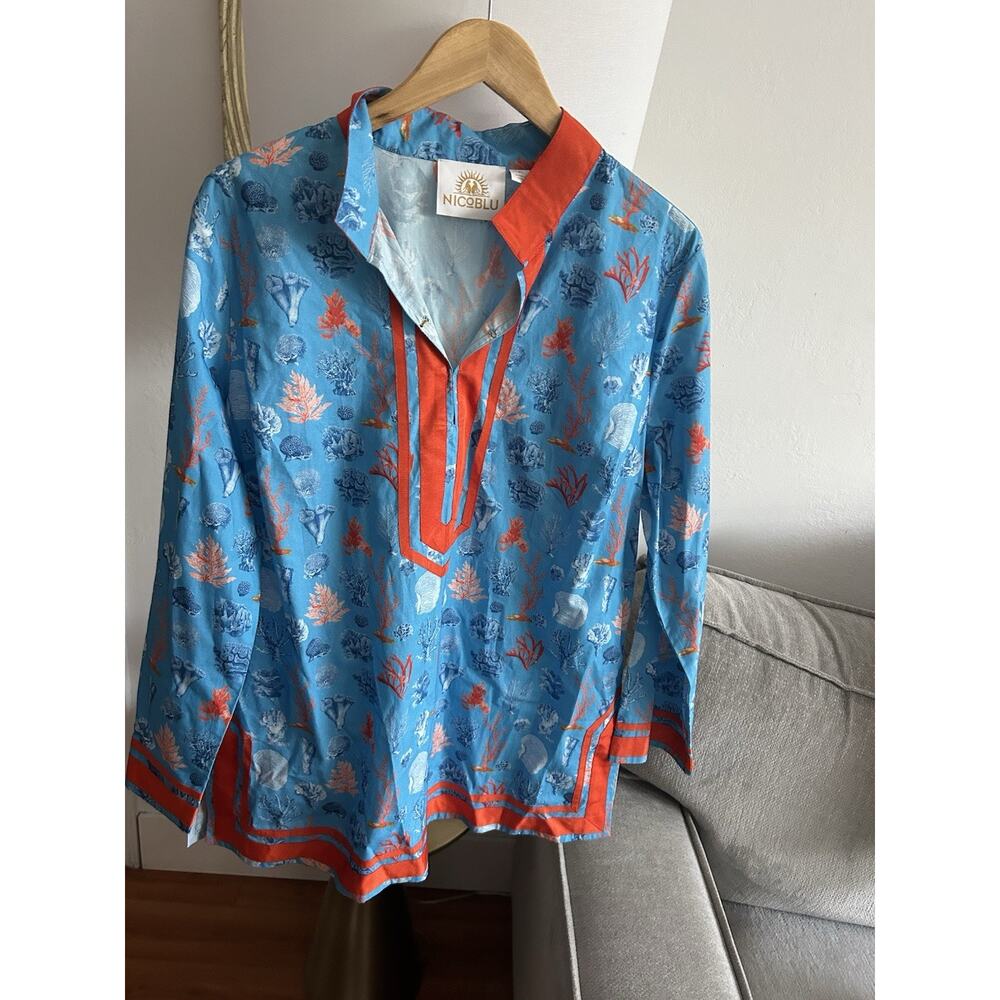 Nico Blu Womens Long Sleeve Caftan Tunic XL Top Coral & Sea Print 100% Cotton